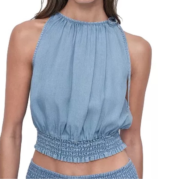 DKNY Blue Smocked Crop Tank Top - Picture 1 of 8